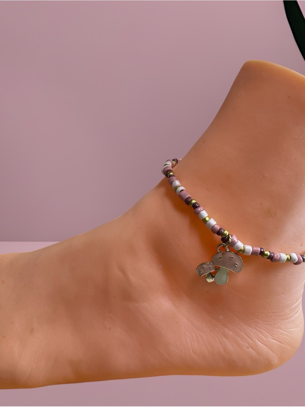Beaded Mushroom Charm Anklet - Pink Multicolor